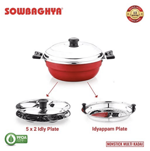 Sowbaghya Non Stick Induction Base Multi Kadai (2 Idli Plates + 1 Steamer Plate) (Dia: 250mm) (Thickness: 3mm) (3Ltr) | All-in-One Idli Cooker Multi Kadhai Steamer | Idli Maker with Steamer - Image 3